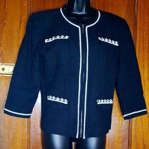 Spenser Jeremy Sz M Vintage Black Boucle Embroidered Zip 3/4 Sleeve Blazer